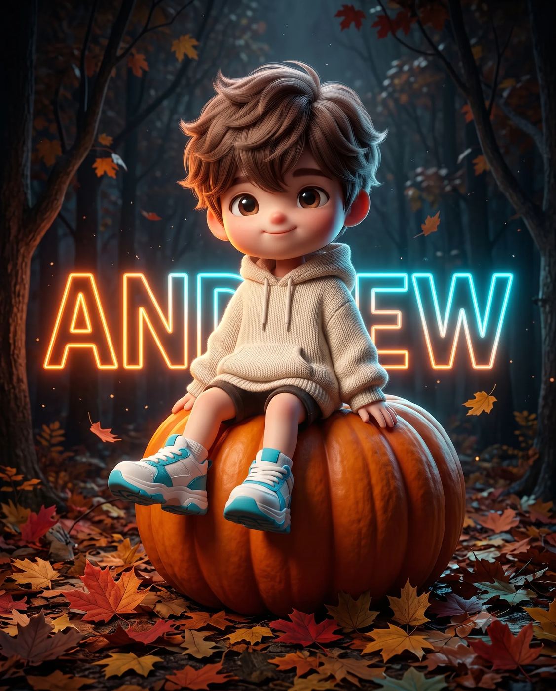 3D chibi character wearing a cozy hoodie sitting on a giant autumn pumpkin with a glowing neon name in a dark forest