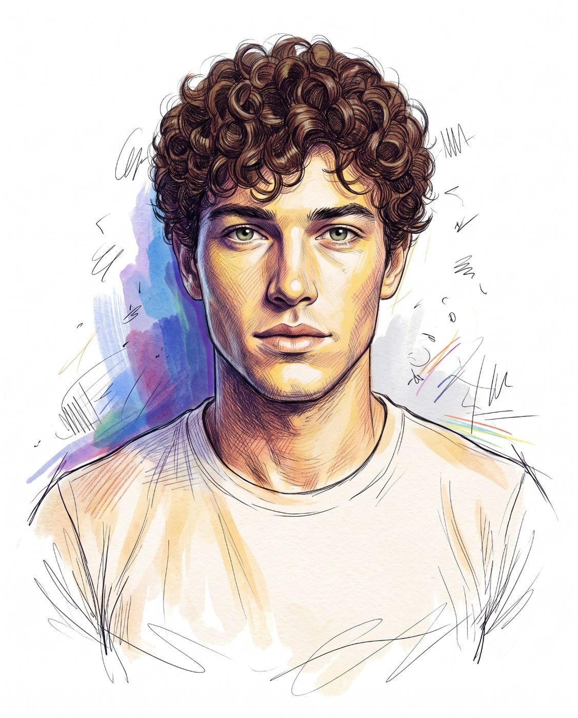 Mixed Media Curly-Haired Man Portrait AI Photo Editing Prompt. AI generated mixed media illustration portrait of a young man with curly brown hair and green eyes, rendered with intricate ink cross-hatching and vibrant watercolor washes against a white background with scribbles.