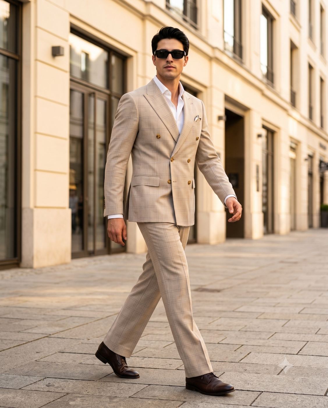Stylish Man in Beige Plaid Suit Street Fashion AI Photo Editing Prompt. AI generated street photography portrait of a confident handsome man wearing a double-breasted tan checkered suit and sunglasses walking on a city pavement.
