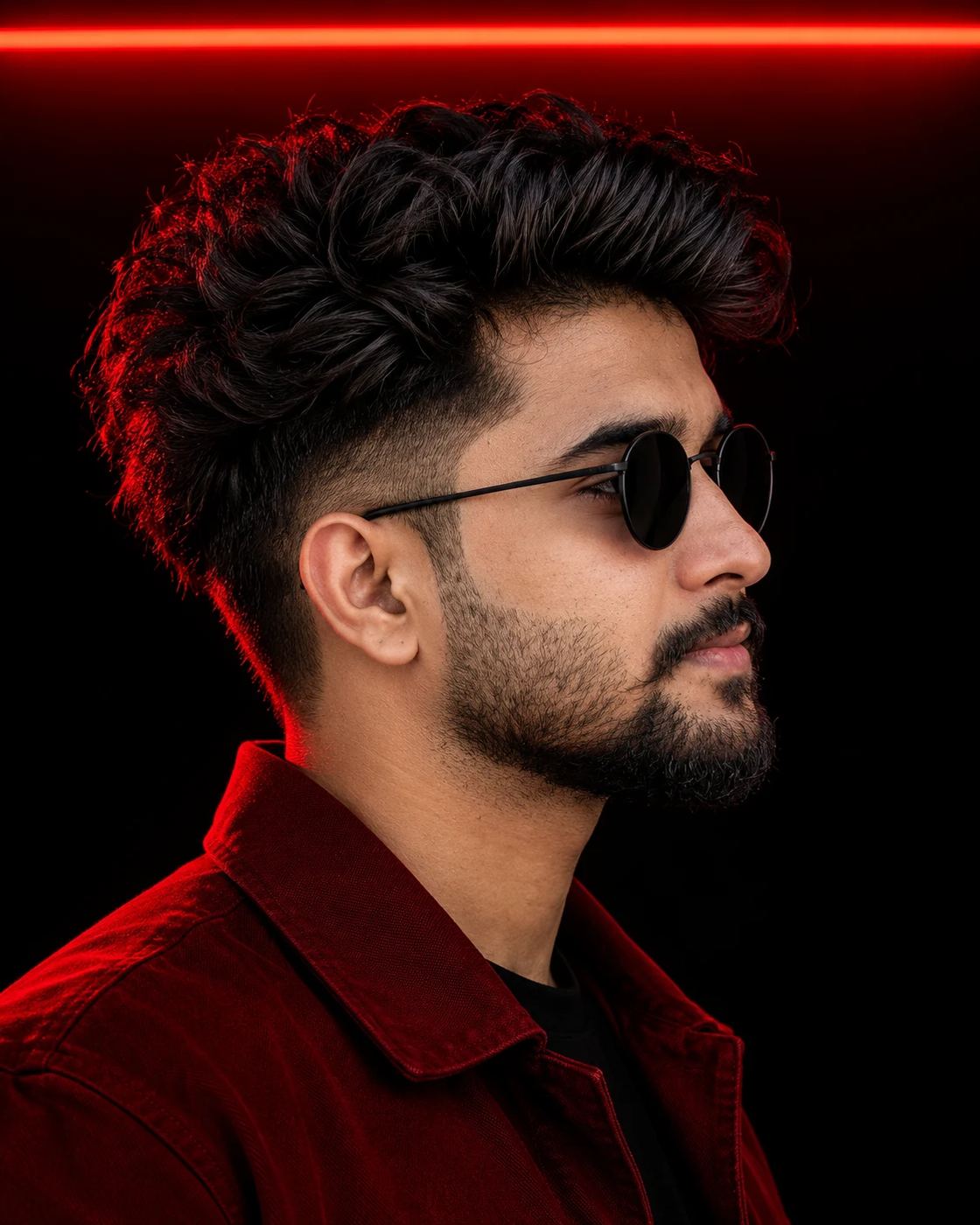 AI Photo Editing Prompt: Minimalist side profile portrait of a bearded man with round sunglasses wearing a red jacket against a dark background with a top red neon glow.