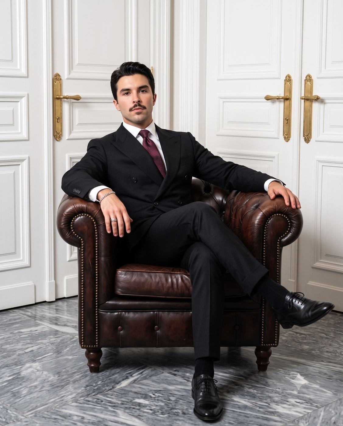 Elegant Gentleman in Black Suit on Leather Chair Cinematic Portrait AI Photo Editing Prompt. AI generated studio portrait of a handsome man with a mustache sitting confidently in a classic brown Chesterfield armchair.