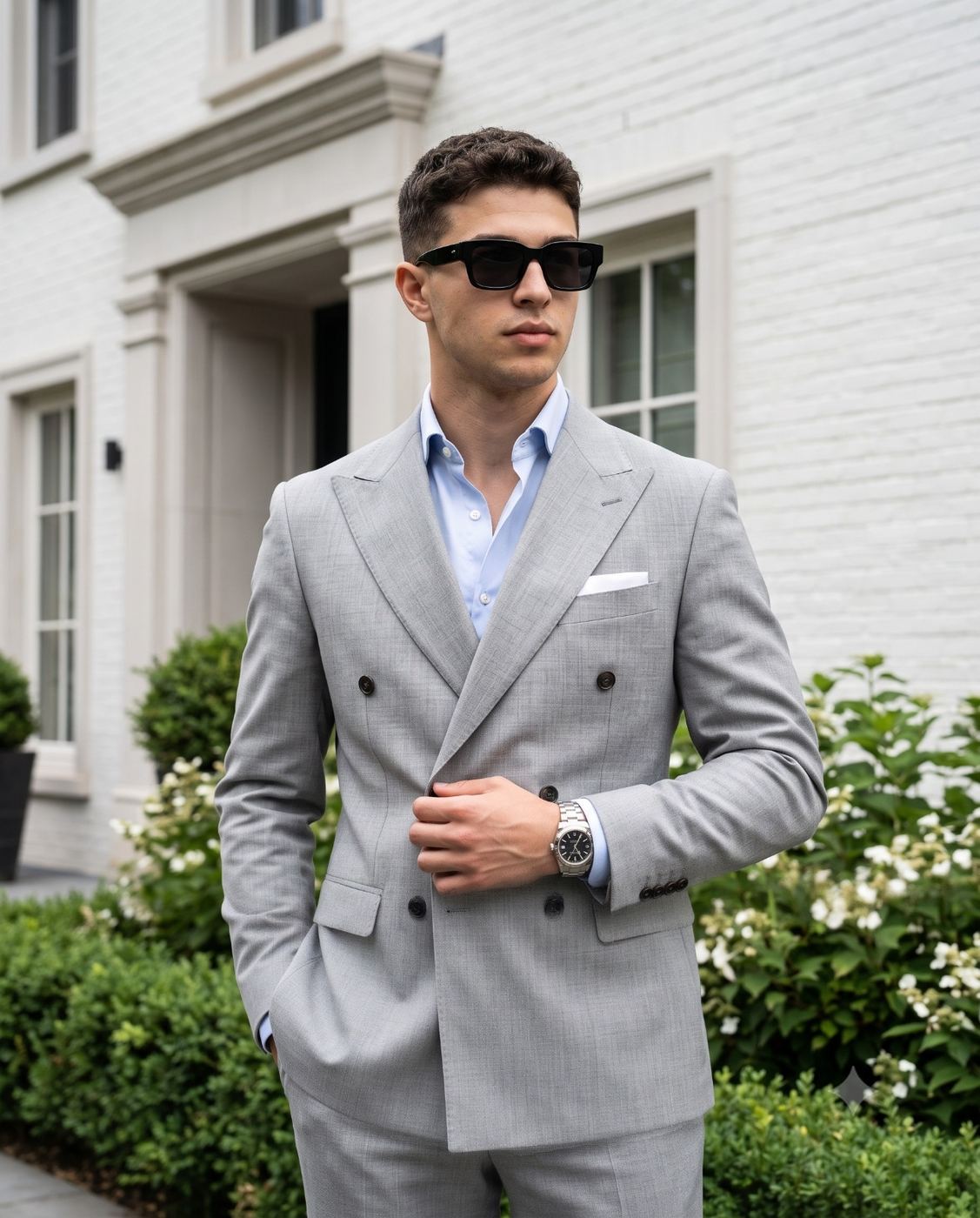 Man in Grey Suit Fashion Portrait AI Photo Editing Prompt. AI generated lifestyle portrait of a stylish young man wearing a light grey double-breasted suit and sunglasses standing outdoors against a classic white house.   