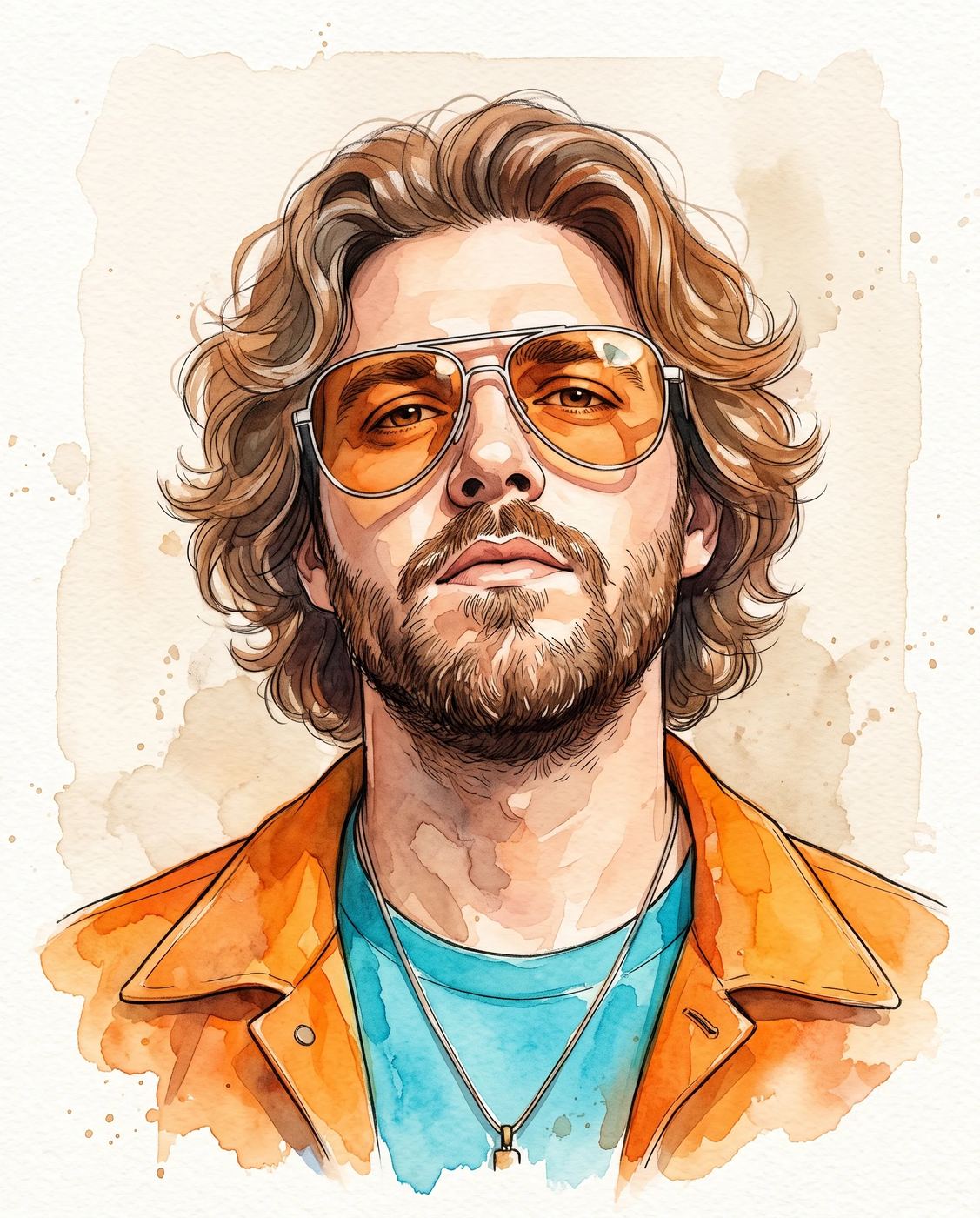 Man watercolor portrait AI Photo Editing Prompt. AI generated watercolor illustration of a stylish man wearing orange aviator glasses, a blue shirt, and an orange jacket.