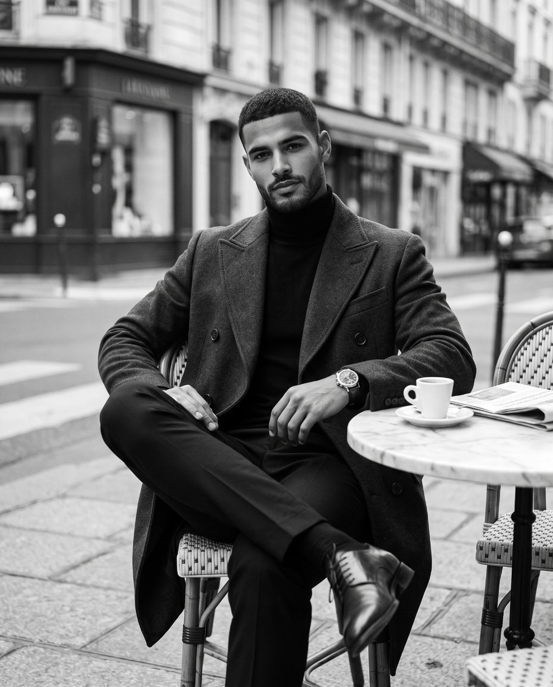 Man in Wool Overcoat at Parisian Café Portrait AI Photo Editing Prompt. AI generated black and white portrait of a bearded man in a double-breasted coat and turtleneck seated cross-legged at a marble café table with coffee and newspaper.