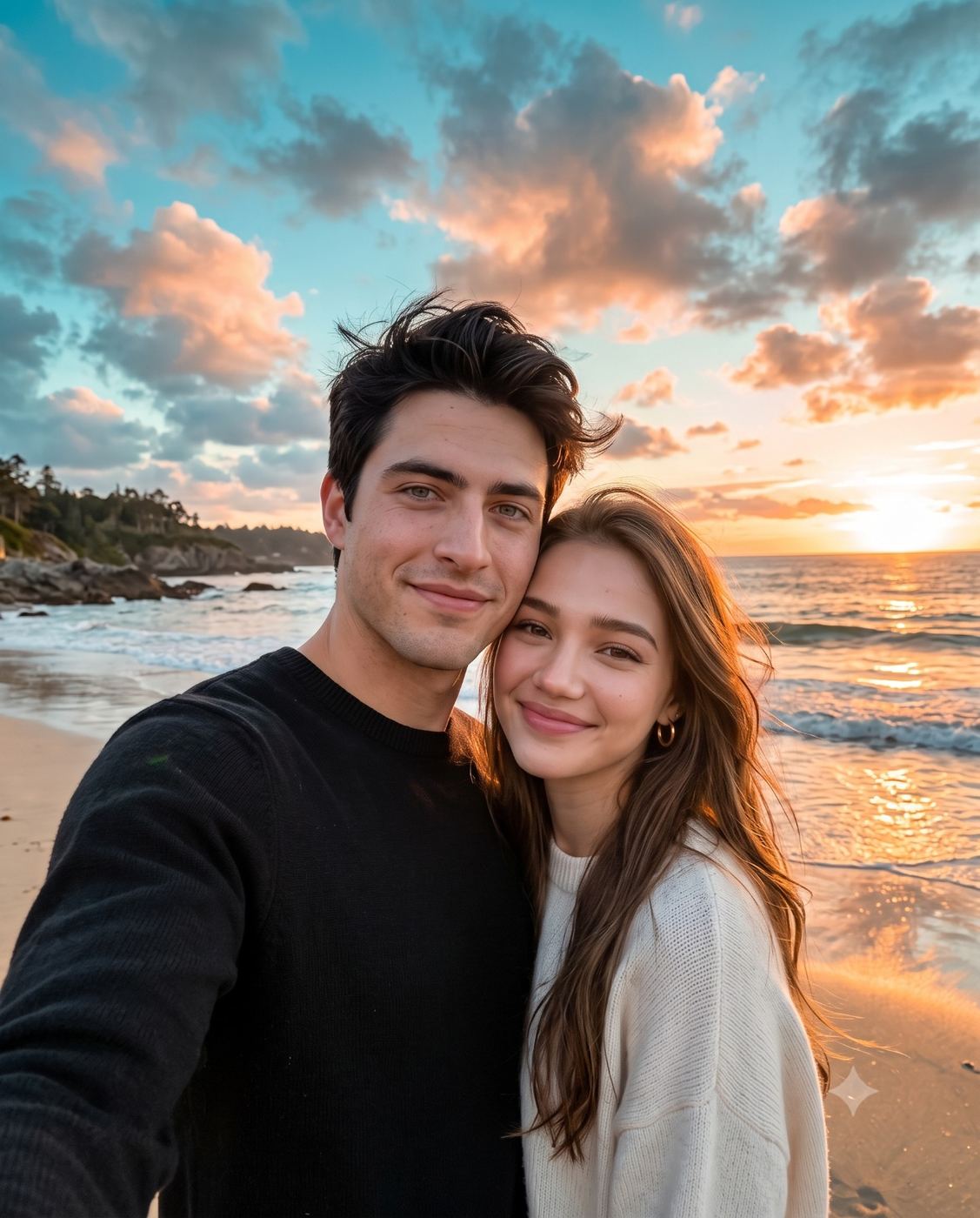 Couple Beach Sunset Selfie Photo AI Photo Editing Prompt. AI generated outdoor natural candid portrait of a happy young man in a black sweater and a woman in a white sweater taking a close-up selfie on a sandy beach during a golden sunset.