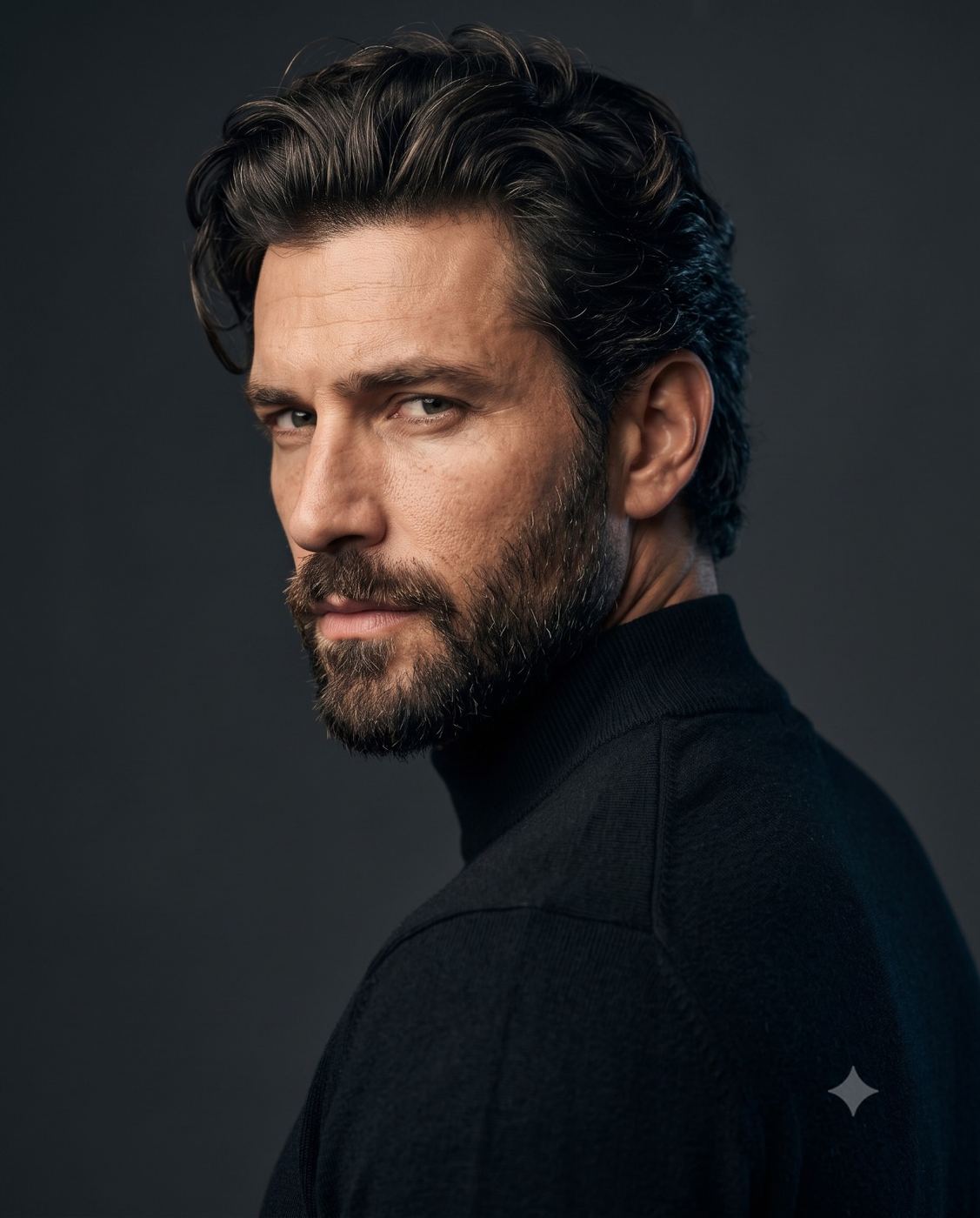 Dramatic Bearded Man Portrait AI Photo Editing Prompt. AI generated studio portrait of a handsome mature man with a beard wearing a black turtleneck, looking over his shoulder against a moody dark background.