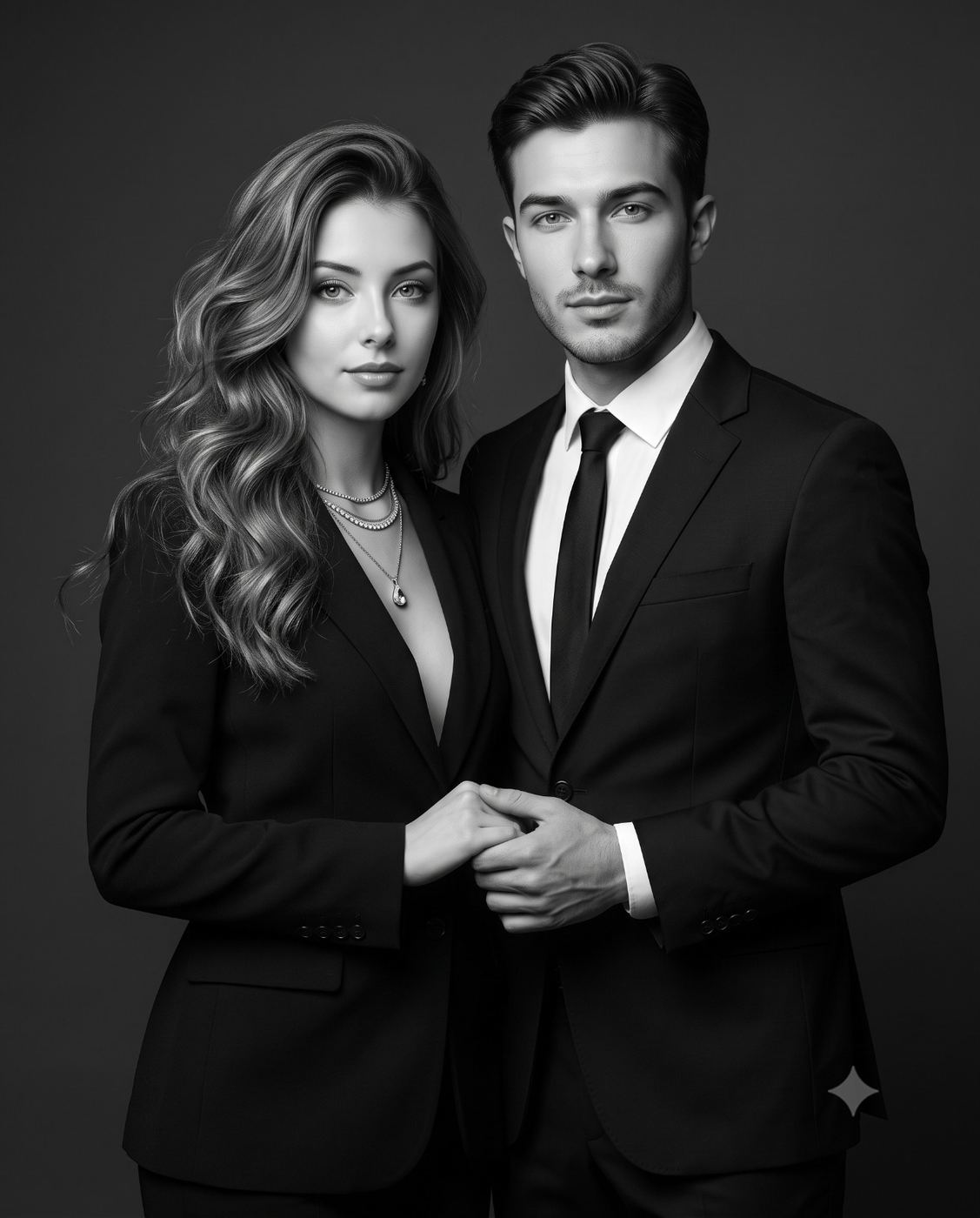 Elegant Couple in Black Suits B&W Portrait AI Photo Editing Prompt. AI generated studio portrait of a sophisticated man and woman wearing elegant black suits and holding hands in a cinematic monochrome style.