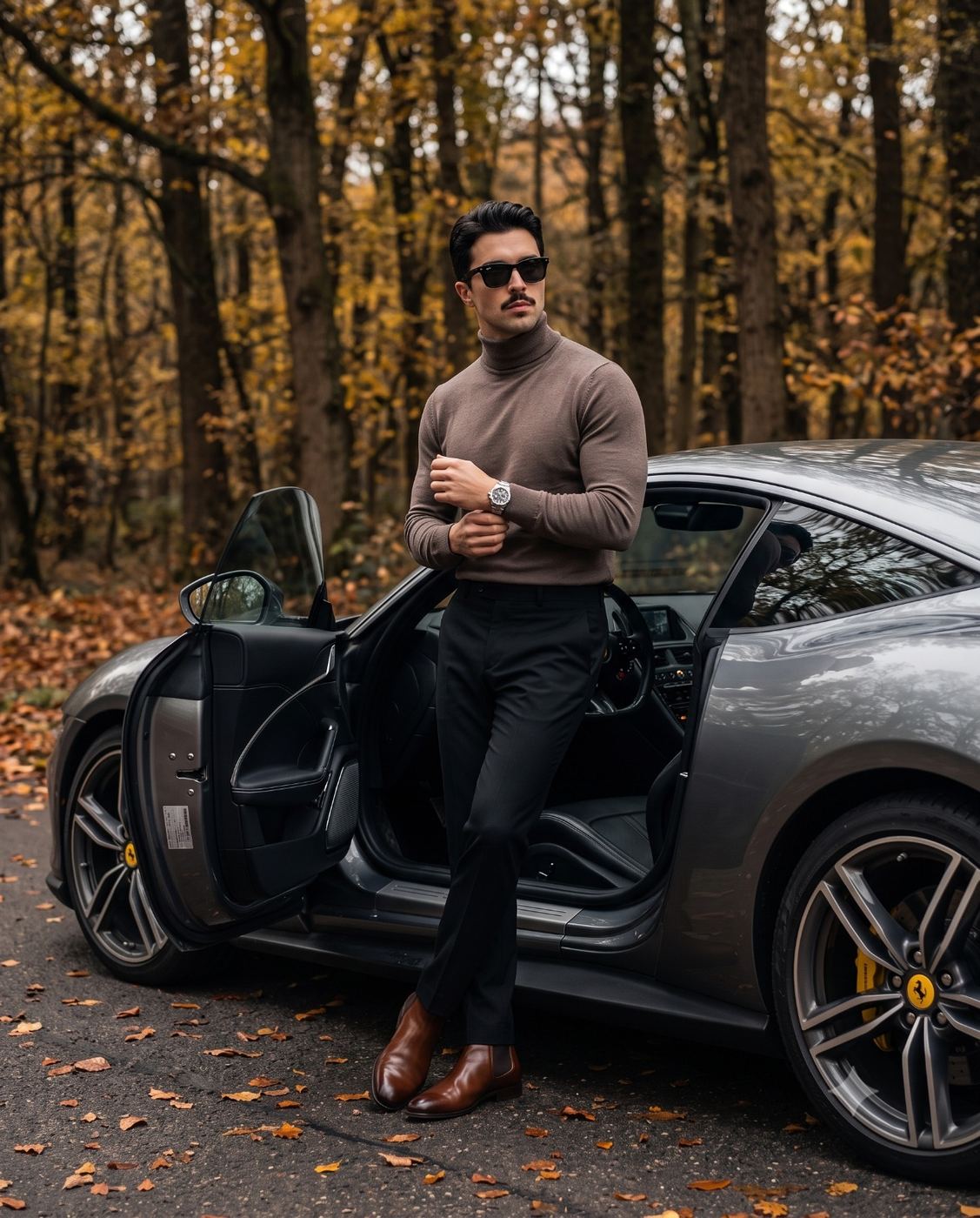 Stylish Man with Sports Car Autumn Fashion Photography AI Photo Editing Prompt. AI generated lifestyle portrait of a sophisticated mustached man in a brown turtleneck leaning against a grey sports car in an autumn forest.