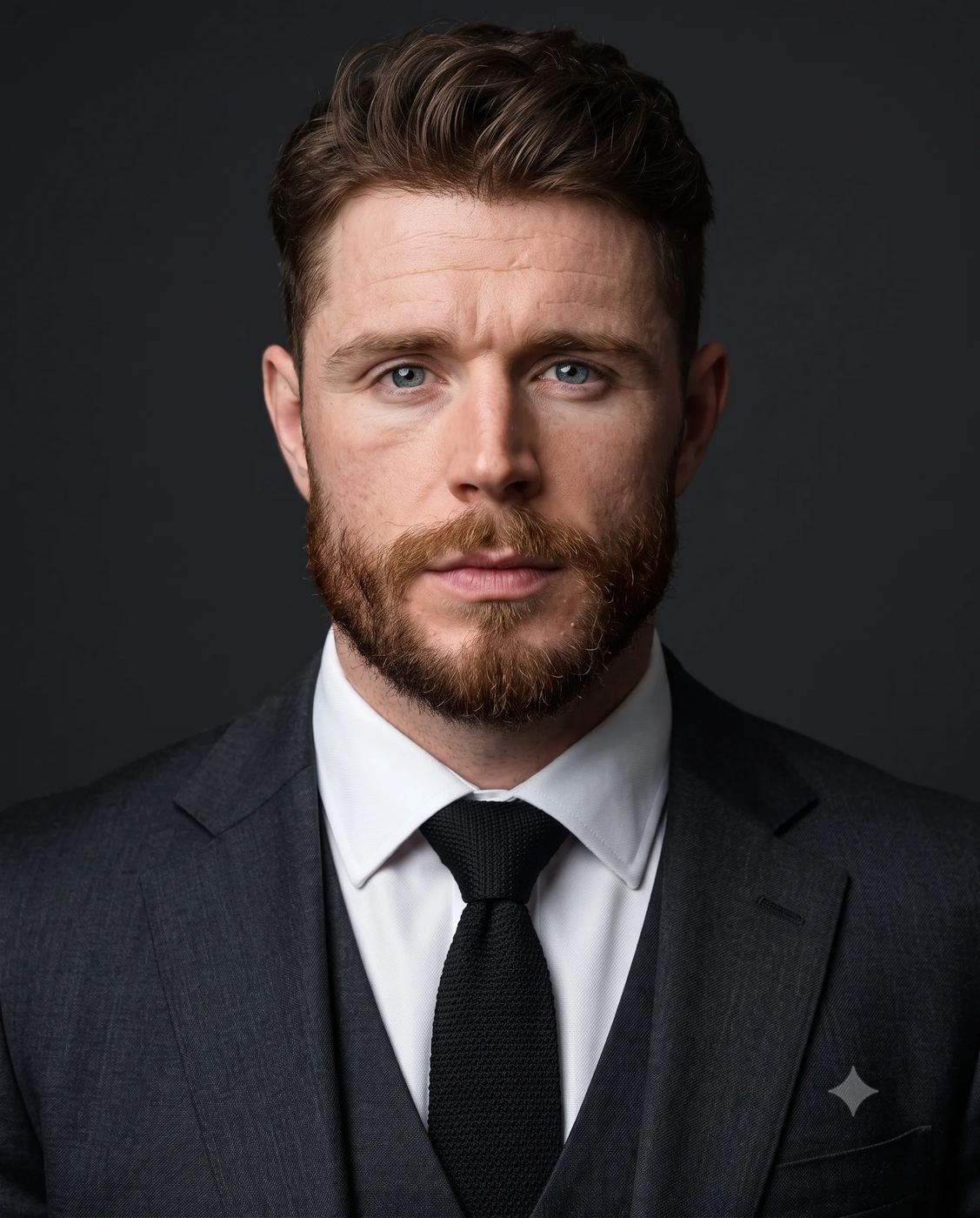Professional Corporate Headshot AI Photo Editing Prompt. AI generated studio portrait of a confident bearded man in a dark grey suit with a white shirt and black knitted tie, facing forward against a grey studio background.
