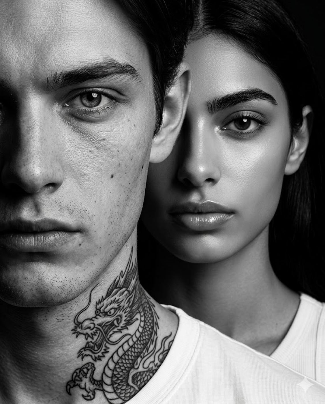 Dragon Tattoo Couple Portrait AI Photo Editing Prompt. AI generated dramatic monochrome portrait of a man with a detailed dragon neck tattoo and facial stubble positioned closely next to a smooth-skinned woman looking directly at the camera.