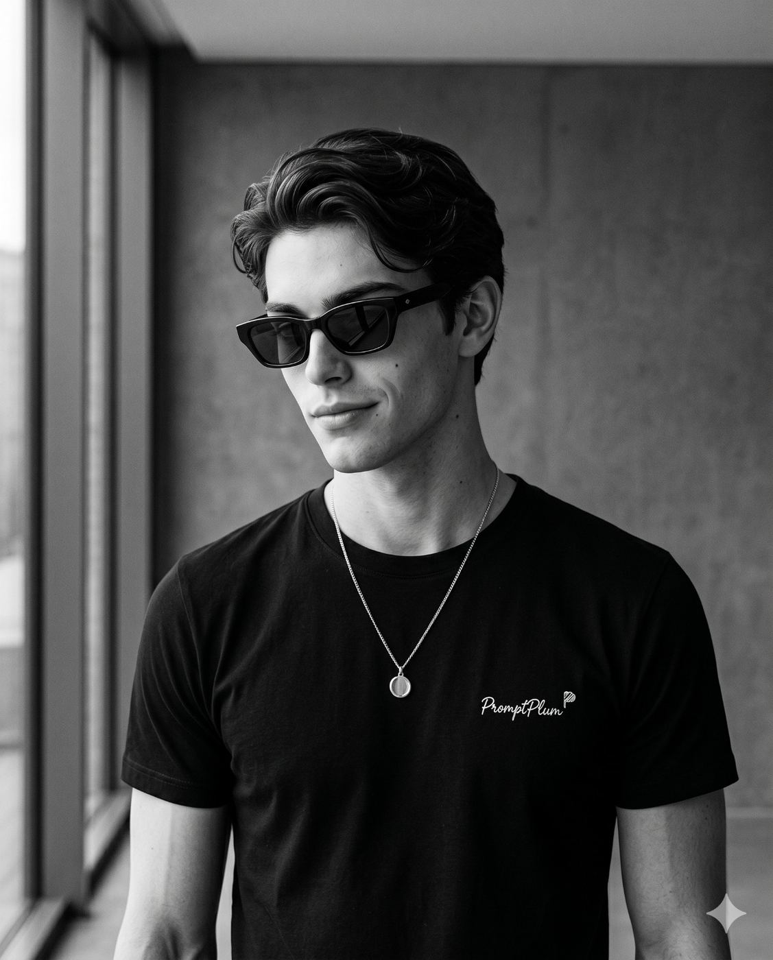 Monochrome Man in Sunglasses and Wavy Hair Portrait AI Photo Editing Prompt. AI generated modern monochrome portrait of a stylish young man with wavy hair, wearing dark sunglasses, a black t-shirt with a PromptPlum logo, and a simple pendant necklace, in a window-lit room.