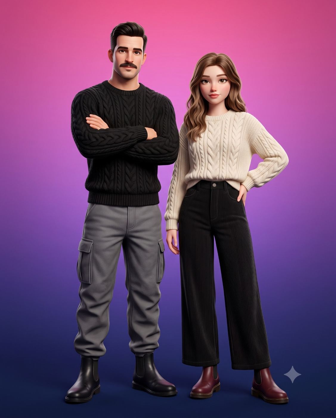 3D animated couple in winter sweaters character illustration AI Photo Editing Prompt. AI generated 3D illustration of a young man in a black sweater and a young woman in a cream sweater standing together against a pink and purple gradient background.