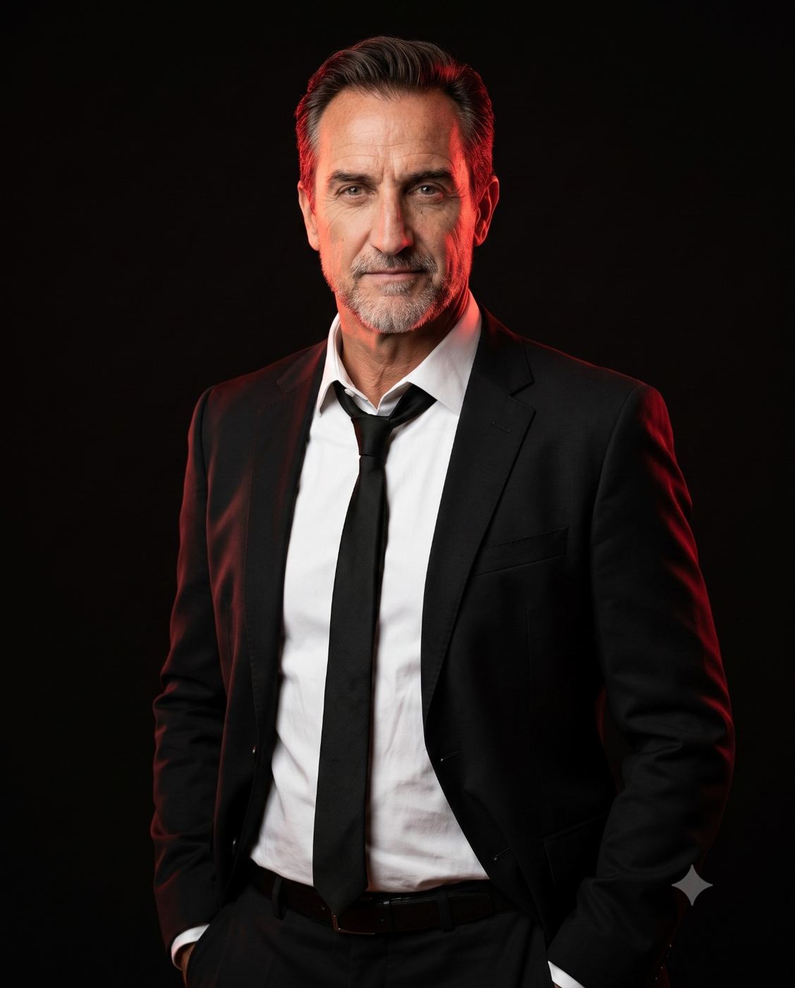 Man in Black Suit with Dramatic Red Lighting AI Photo Editing Prompt. AI generated cinematic studio portrait of a mature grey-bearded man in a black suit and tie lit with moody red rim light against a black background.