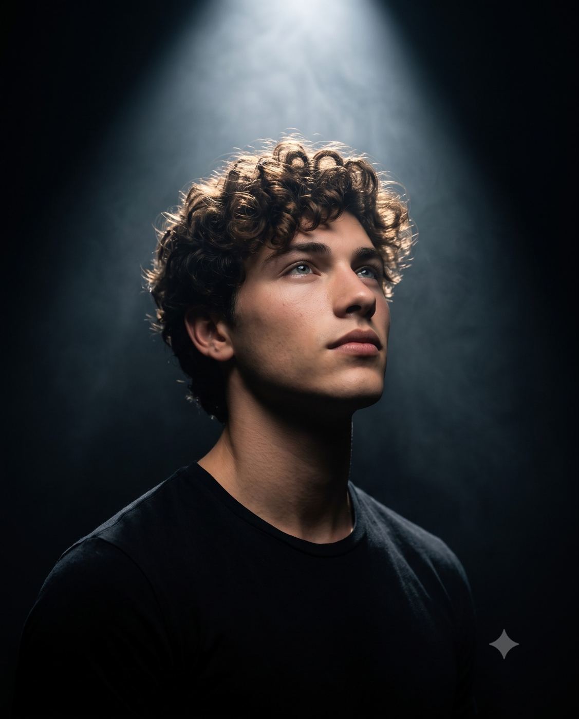 Cinematic Portrait of Man Looking Up AI Photo Editing Prompt. AI generated cinematic studio portrait of a young man with curly brown hair and blue eyes looking upward into a dramatic overhead spotlight against a dark, smokey background.