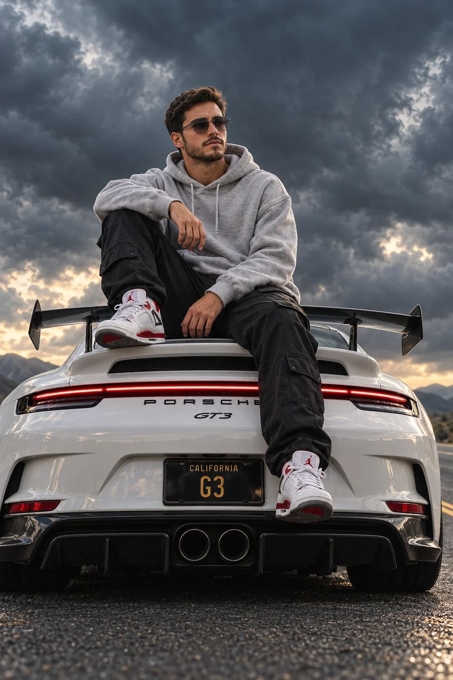 AI Photo Editing Prompt: Cinematic low-angle portrait of a young man in a grey hoodie and retro sneakers sitting on the rear deck of a white Porsche GT3 under dramatic storm clouds.