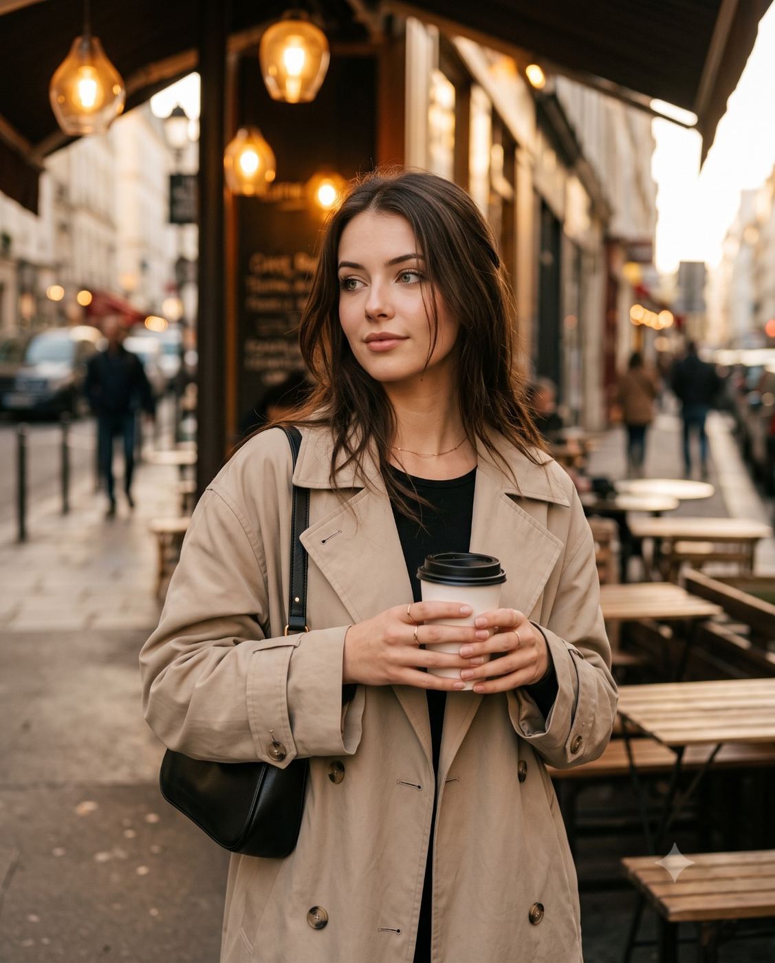 Woman in trench coat holding coffee on a city street AI Photo Editing Prompt. AI generated cinematic portrait of a young woman wearing a beige trench coat and carrying a black shoulder bag while holding a white coffee cup at a warm, softly lit outdoor cafe.