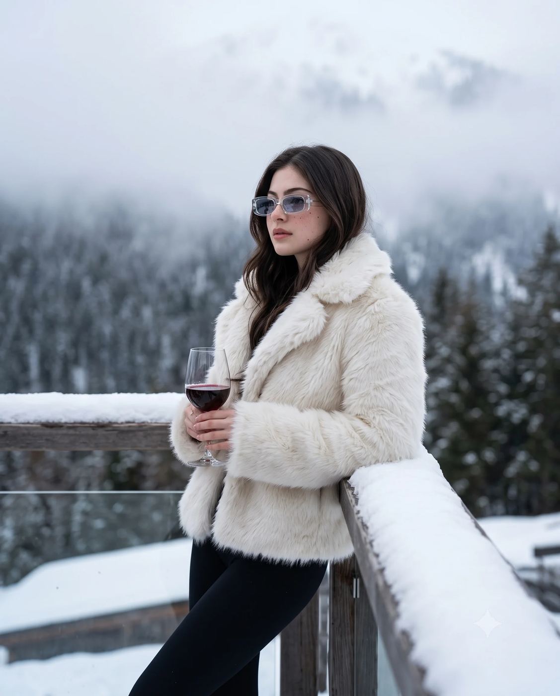 AI Photo Editing Prompt: Winter fashion image of a stylish woman in a white faux-fur coat and sunglasses holding red wine on a snowy mountain terrace.