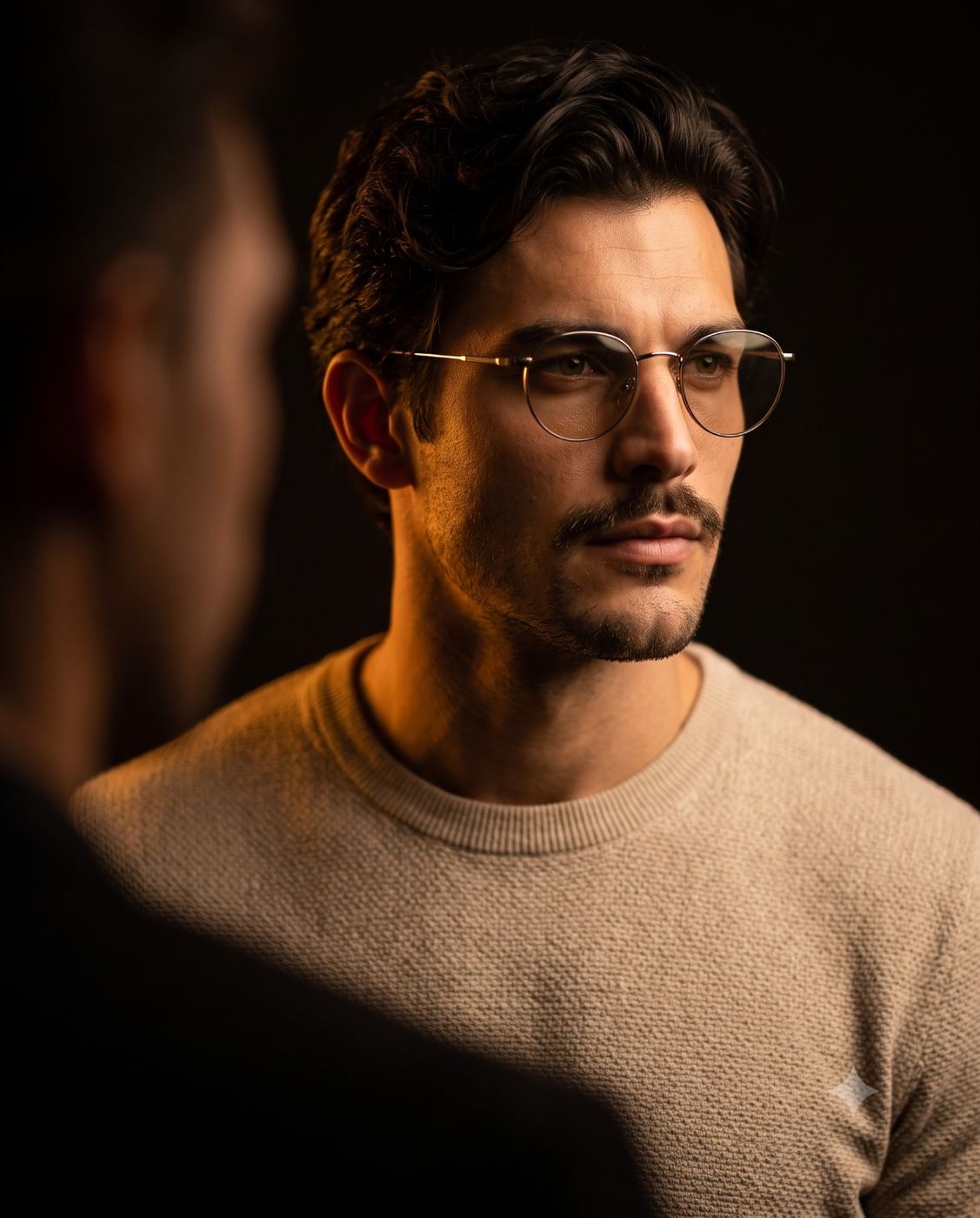 Man with Round Glasses in a Cinematic Portrait AI Photo Editing Prompt. AI generated cinematic studio portrait of a pensive man wearing round, gold-rimmed glasses and a beige knit sweater, looking to the right with a dramatic warm glow, with a blurred silhouette in the immediate left foreground.