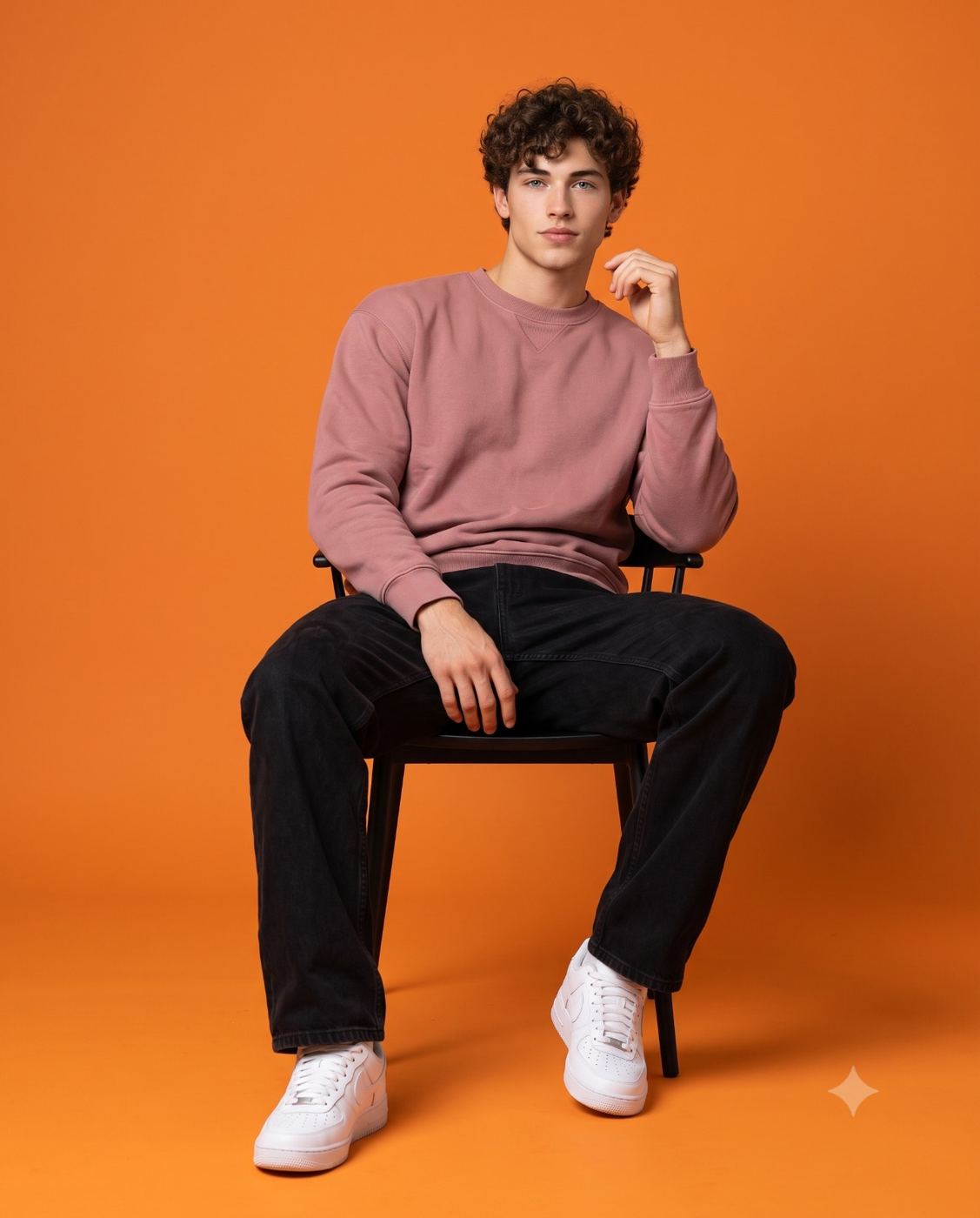 Casual Men's Fashion Studio Portrait on Orange Background AI Photo Editing Prompt. AI generated studio portrait of a handsome young man with curly hair wearing a dusty pink sweatshirt, black jeans, and white sneakers, sitting casually on a black chair against a vibrant orange backdrop.