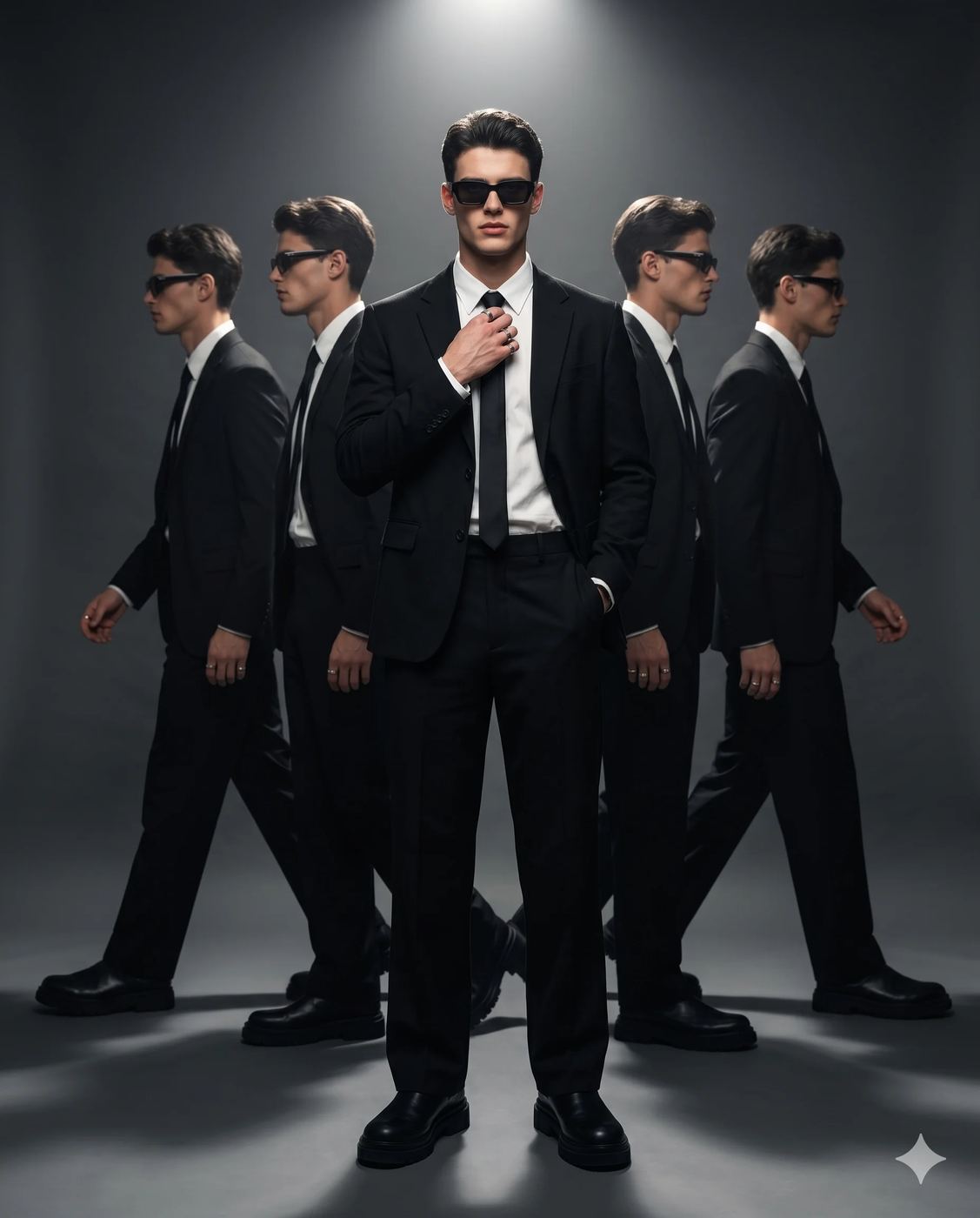 Man in Black Suit Clones AI Photo Editing Prompt. AI generated portrait of a suited man and four identical clones with sunglasses under spotlighting.