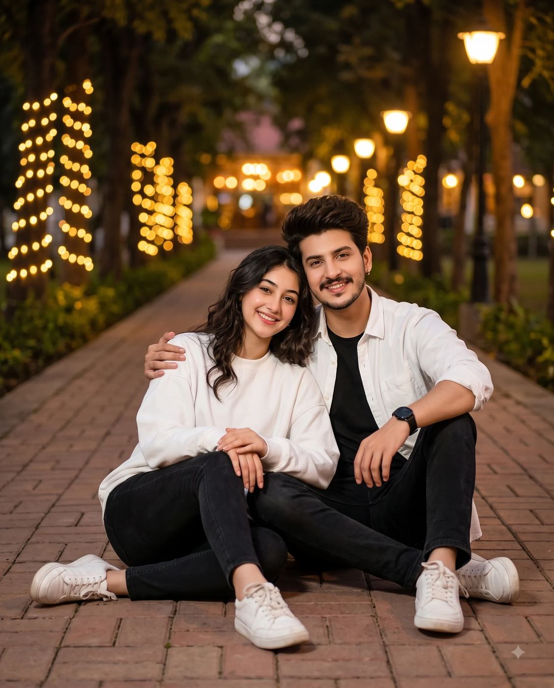 Romantic couple night portrait AI Photo Editing Prompt. AI generated realistic portrait of a smiling young couple in white shirts sitting on a brick walkway illuminated by warm bokeh lights.