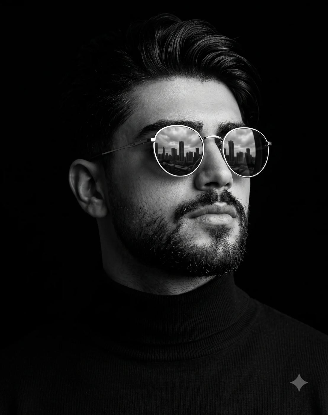 AI Photo Editing Prompt: High-contrast black and white cinematic portrait of a bearded man in a black turtleneck, featuring a modern city skyline reflecting in his round sunglasses.