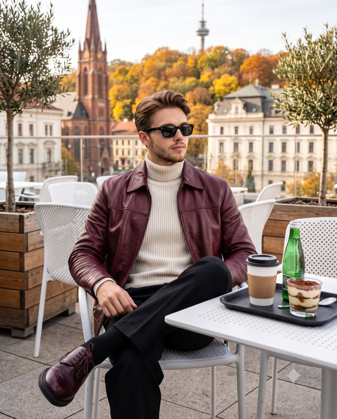 Stylish Man at Rooftop Cafe Lifestyle Portrait AI Photo Editing Prompt. AI generated lifestyle portrait of a young man in a burgundy leather jacket, cream turtleneck, and sunglasses sitting at an outdoor terrace cafe with a European autumn cityscape in the background.