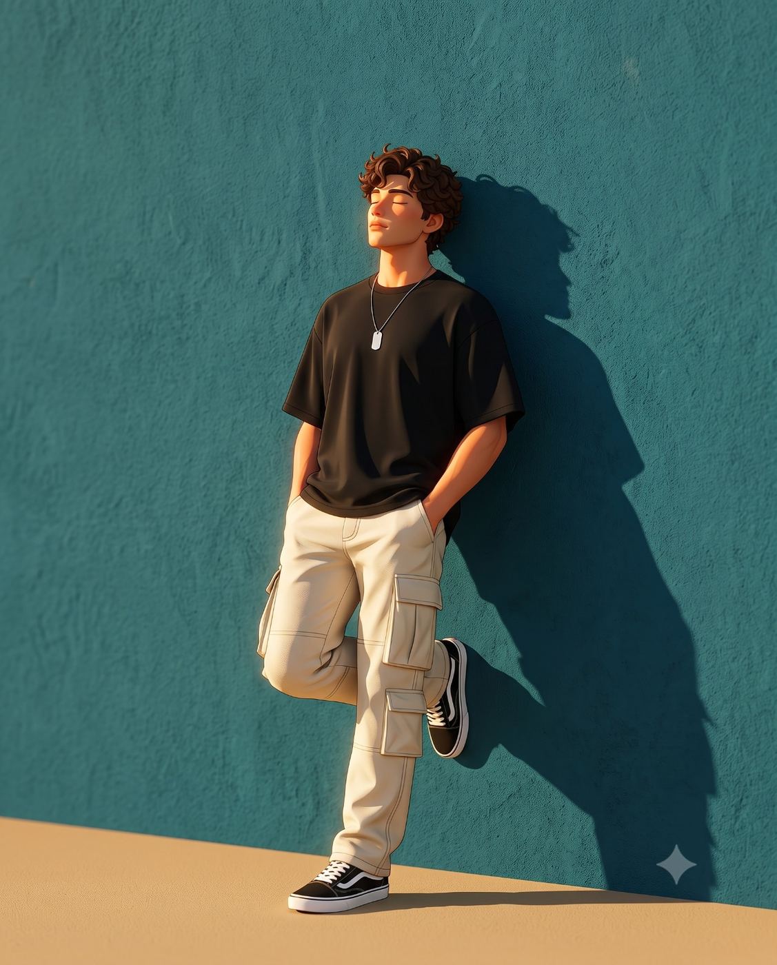 Curly-Haired Boy in Streetwear Digital Illustration AI Photo Editing Prompt. AI generated 3D character illustration of a young man with curly hair leaning against a teal wall, wearing a black t-shirt, cream cargo pants, and sneakers in warm golden light.