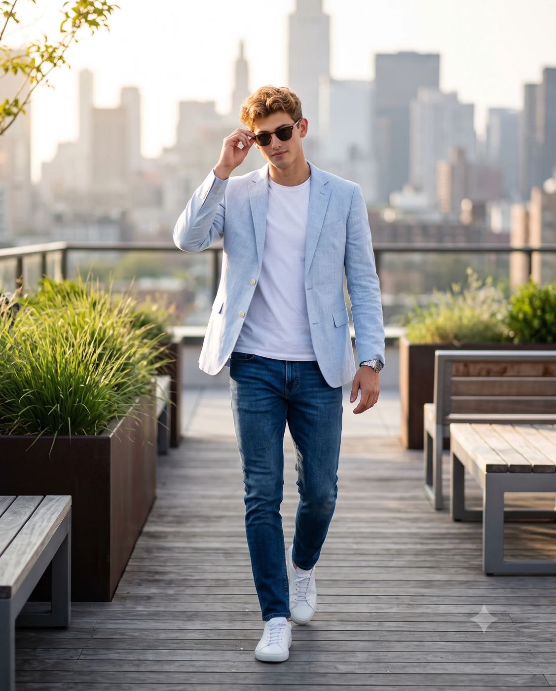 AI Photo Editing Prompt: Photorealistic lifestyle portrait of a confident young man in a light blue blazer and sunglasses walking on a sunny rooftop terrace.
