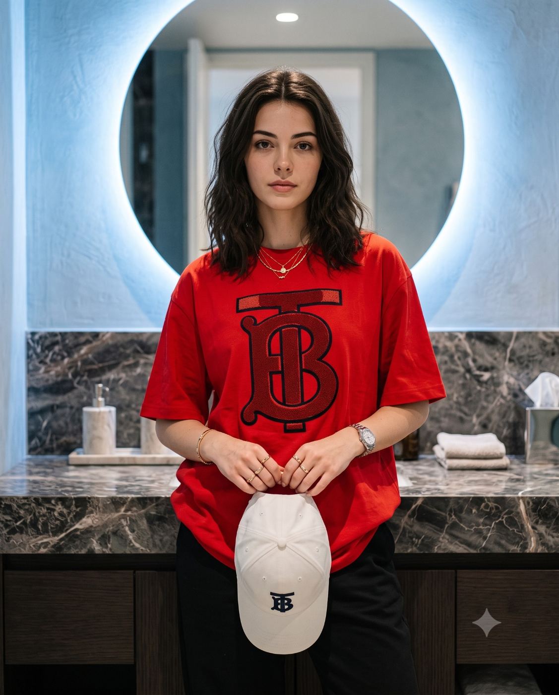 Girl in Red Logo T-Shirt Modern Portrait AI Photo Editing Prompt. AI generated photography portrait of a young brunette woman in a red oversized tee holding a white cap standing in a modern bathroom.