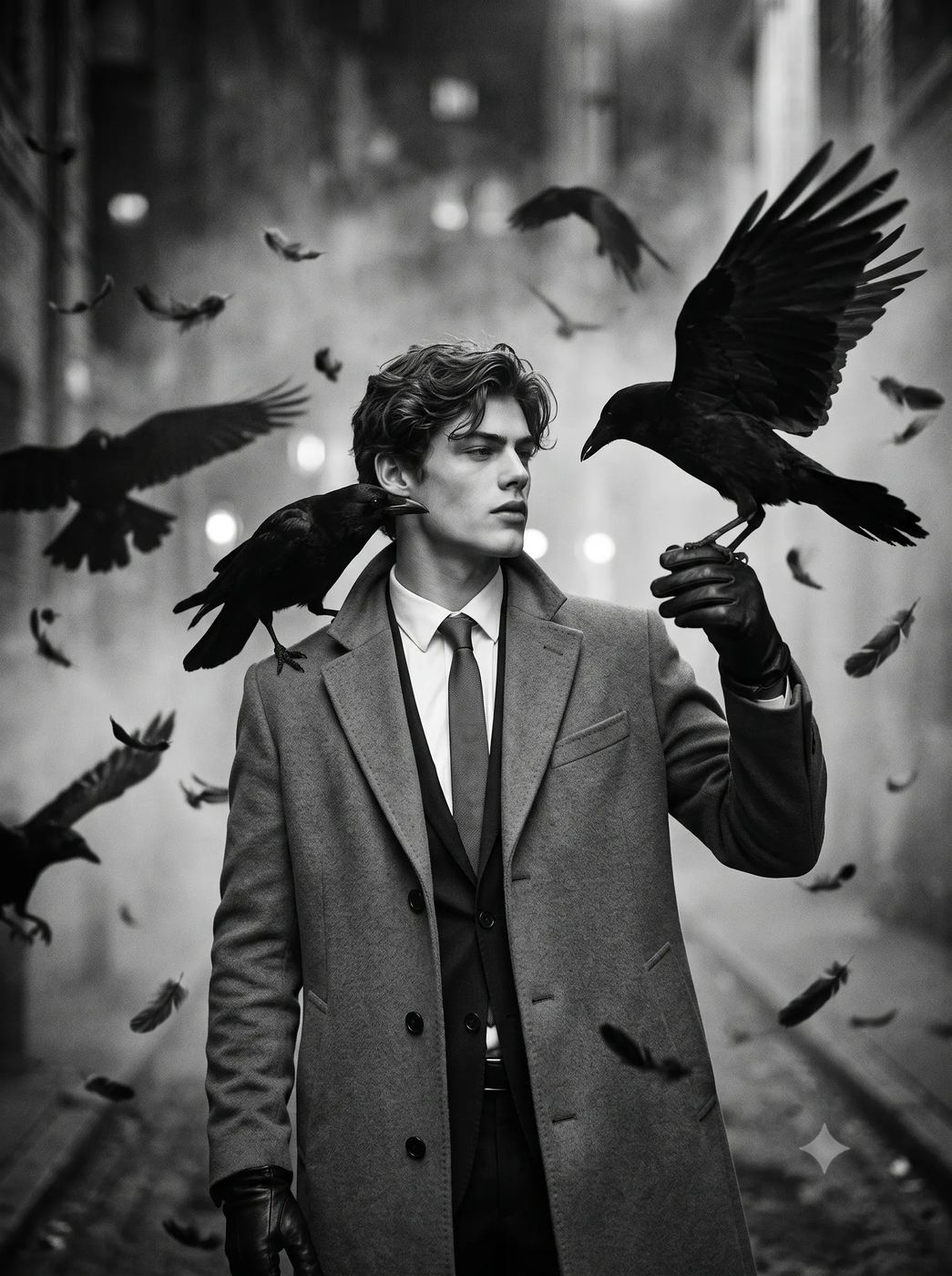 Gemini AI Generated Cinematic B&W portrait of a young man with wavy hair in a suit and coat, surrounded by crows in a smoky alleyway.