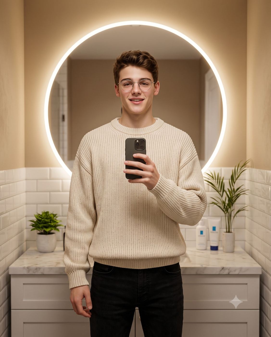 Smiling man in cream knit sweater portrait AI Photo Editing Prompt. AI generated indoor portrait of a smiling young man in glasses and a cream knit sweater holding a phone, standing in a modern bathroom with a large circular backlit mirror and plants.