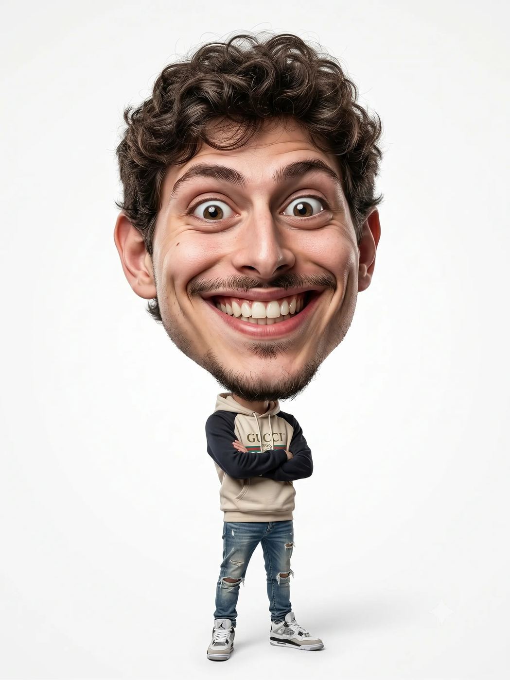 AI Photo Editing Prompt: Hyper-realistic caricature photo of a smiling young man with curly hair and an exaggerated big head standing with crossed arms in a hoodie.