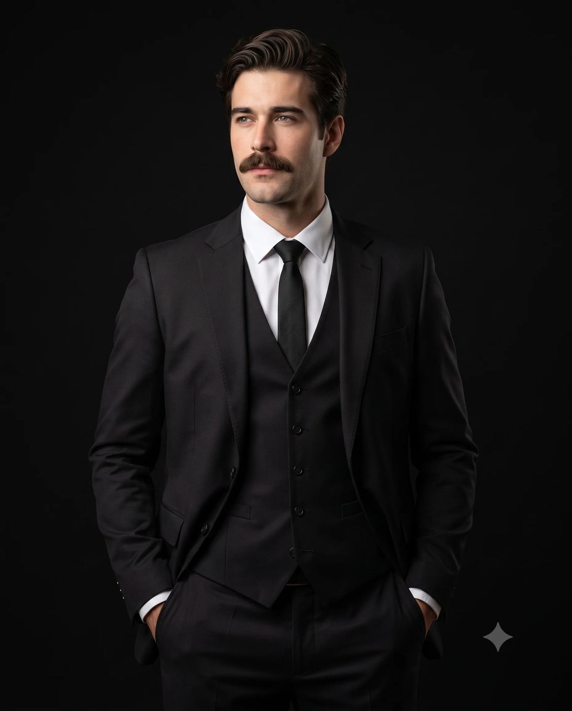 Man in a Black Suit Studio Portrait AI Photo Editing Prompt. AI generated portrait of a handsome man with a mustache wearing a three-piece suit and tie against a solid black background.
