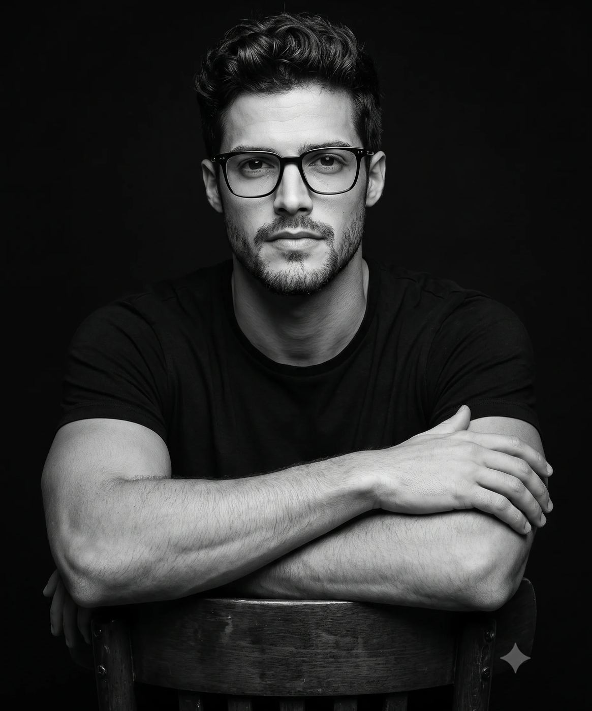 AI Photo Prompt: Black and white studio portrait of a well-groomed athletic man wearing a black t-shirt and square glasses, sitting with arms crossed over the back of a wooden chair against a dark background.