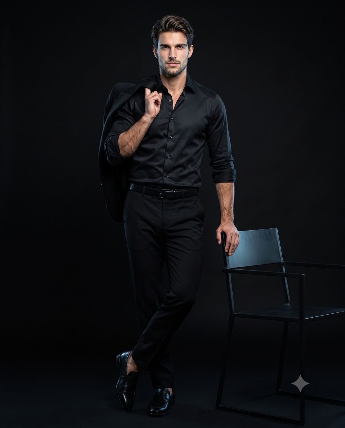 Man in Black Fashion with Chair Portrait AI Photo Editing Prompt. AI generated photorealistic studio portrait of a stylish man wearing all black, holding a jacket over his shoulder while leaning on a minimalist metal chair against a dark background.