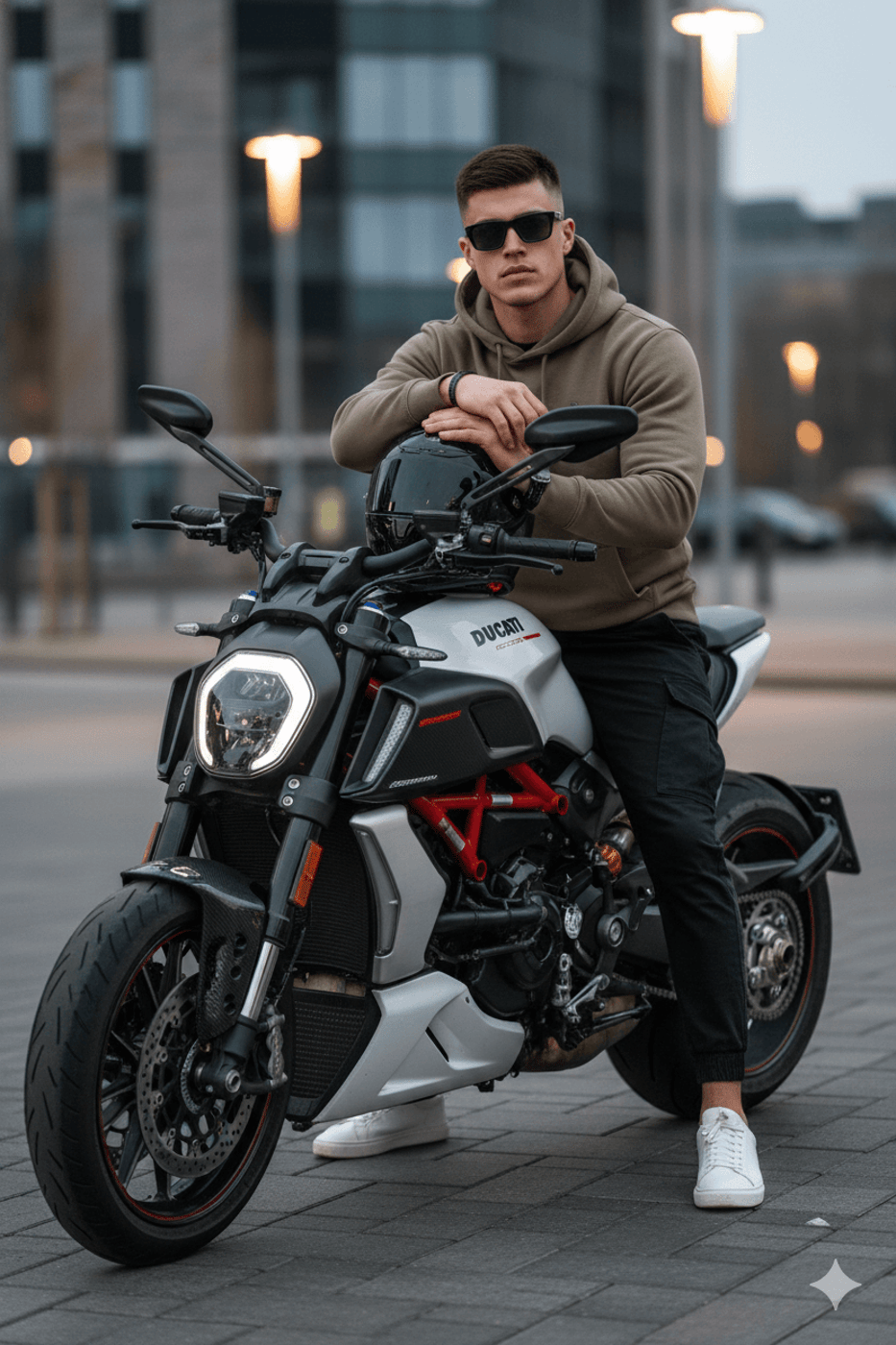 Man sits on motorcycle