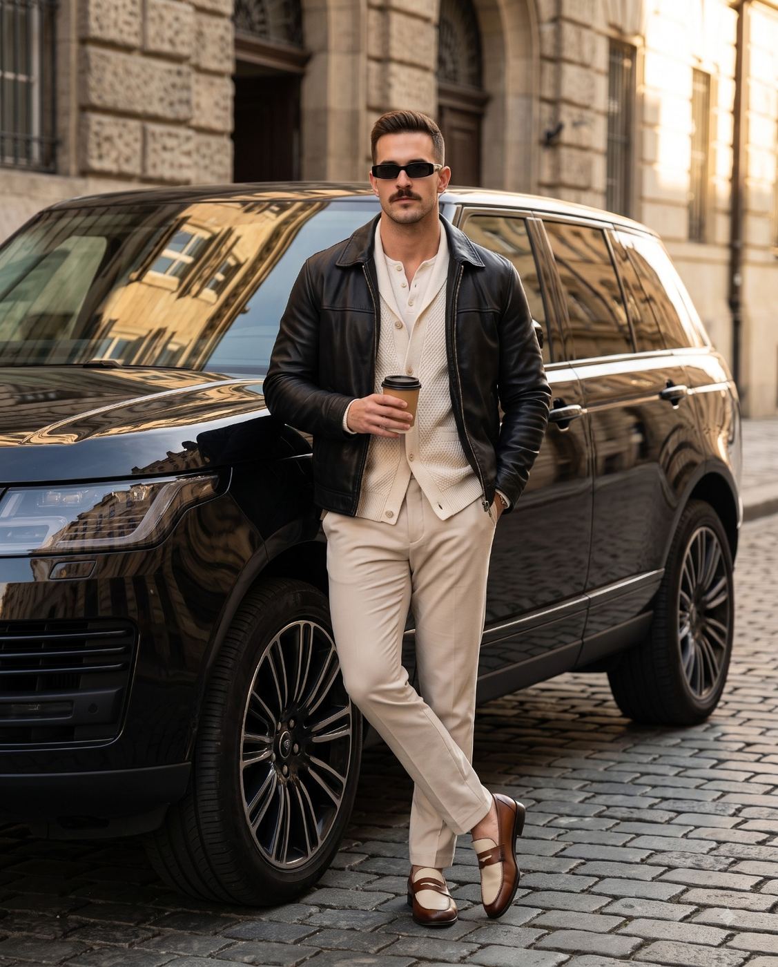 Stylish man with coffee leaning on a luxury SUV in cinematic street photography style AI Photo Editing Prompt. AI generated lifestyle portrait of a handsome bearded man with a mustache, sunglasses, and black leather jacket standing next to a black car on a cobblestone street.