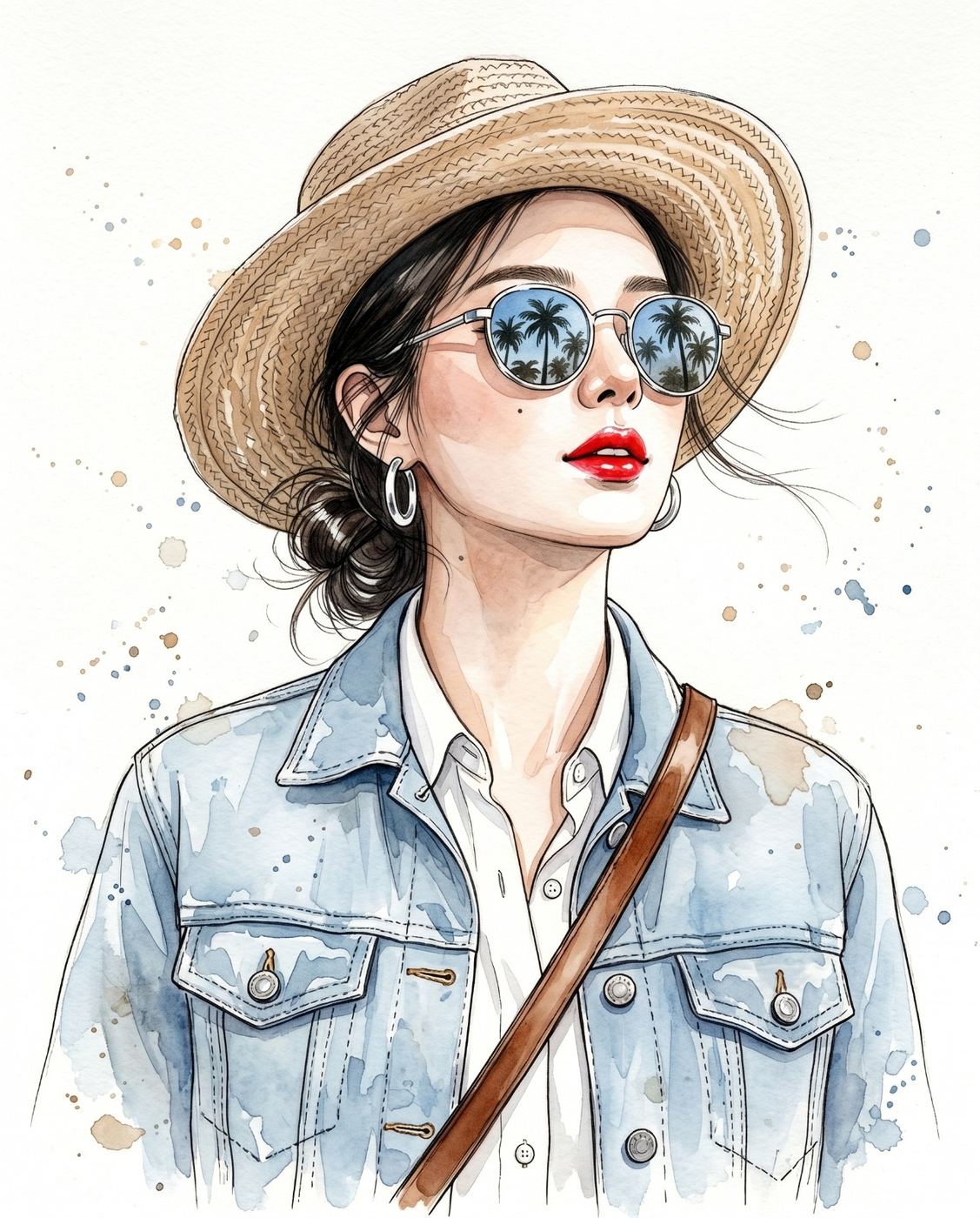 Watercolors of Stylish Woman in Hat and Denim AI Photo Editing Prompt. AI generated digital illustration of a fashionable woman with red lips, wearing a straw hat, denim jacket, and sunglasses reflecting palm trees.