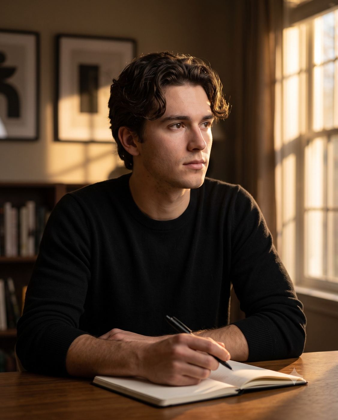 Thoughtful young man writing in a notebook cinematic portrait AI Photo Editing Prompt. AI generated photorealistic portrait of a handsome man in a black sweater sitting at a wooden desk with a pen and open notebook, looking out a sunlit window.