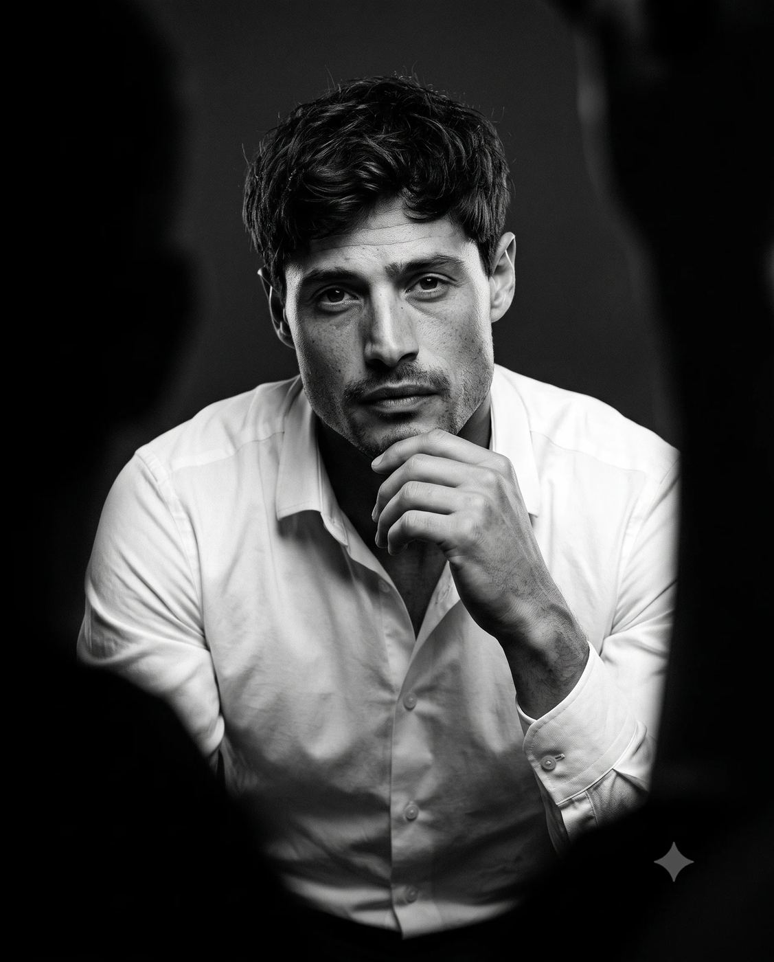 AI Photo Editing Prompt: High-contrast black and white photography of a thoughtful handsome man in a crisp white shirt with his hand on his chin, framed by a dark blurred silhouette.
