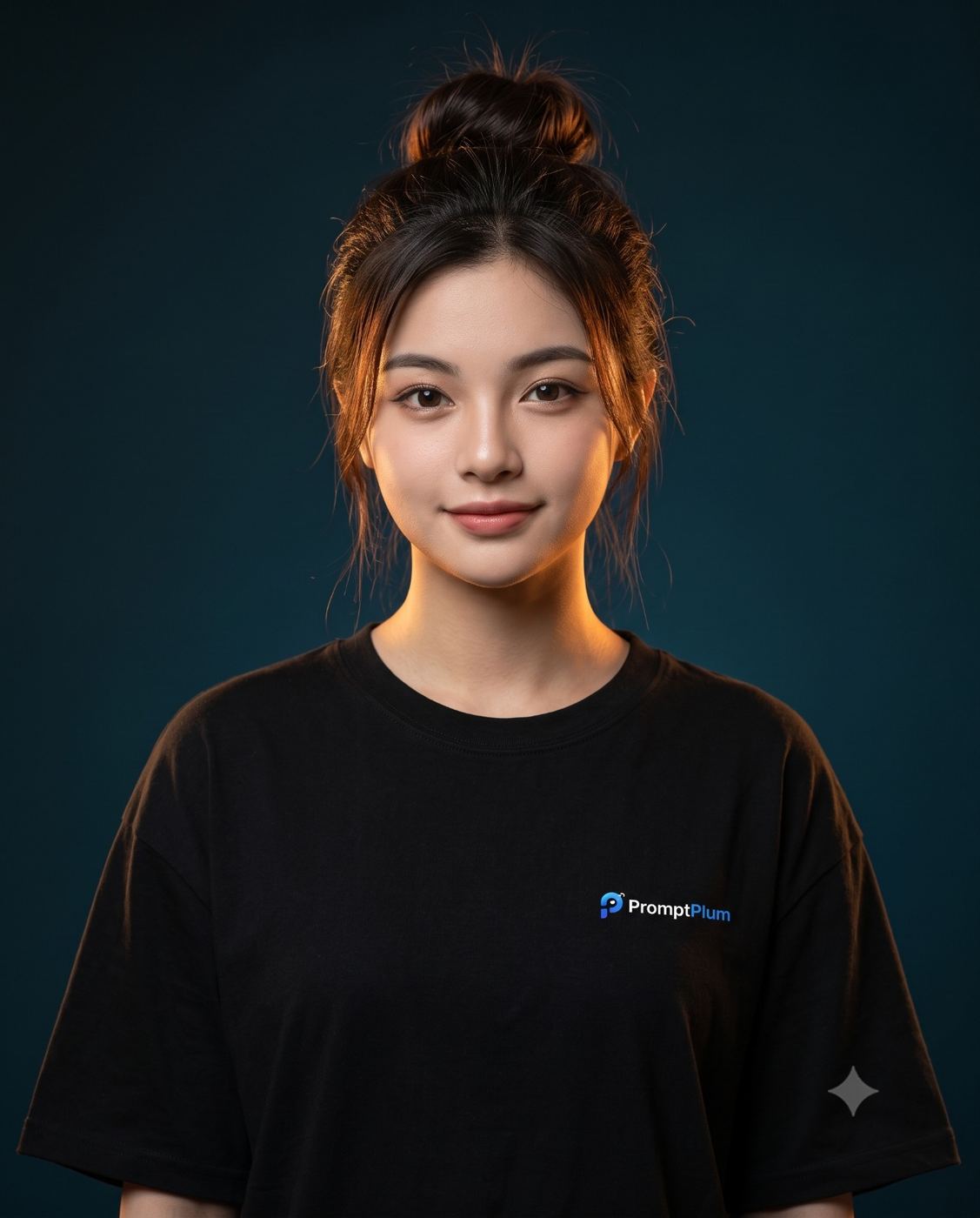 Cinematic Studio Portrait of a Young Woman AI Photo Editing Prompt. AI generated studio portrait of a smiling Asian woman wearing a black t-shirt with a PromptPlum logo, illuminated by warm backlighting against a dark blue background.