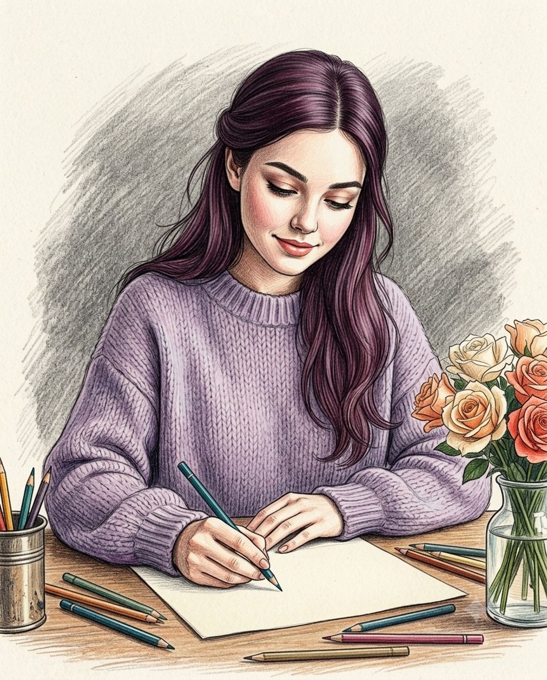 Girl Drawing Colored Pencil Sketch AI Photo Editing Prompt. AI generated colored pencil illustration of a young woman in a purple sweater drawing on paper with roses nearby.
