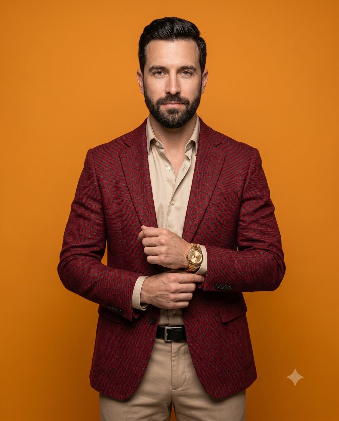 Stylish bearded man in a red blazer studio portrait AI Photo Editing Prompt. AI generated cinematic portrait of a handsome gentleman adjusting his cuff against an orange background.
