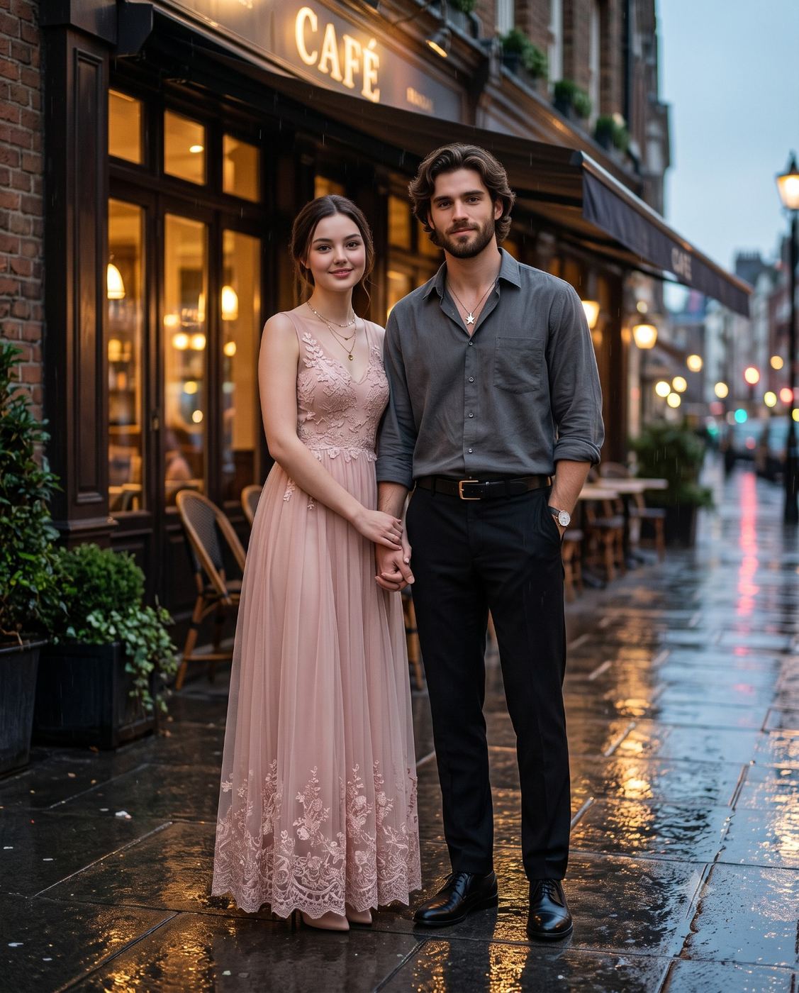 Romantic Couple Outside Cafe Cinematic Portrait AI Photo Editing Prompt. AI generated cinematic portrait of a beautiful woman in a pink lace gown and a bearded man in a grey shirt holding hands on a wet street outside a glowing cafe.