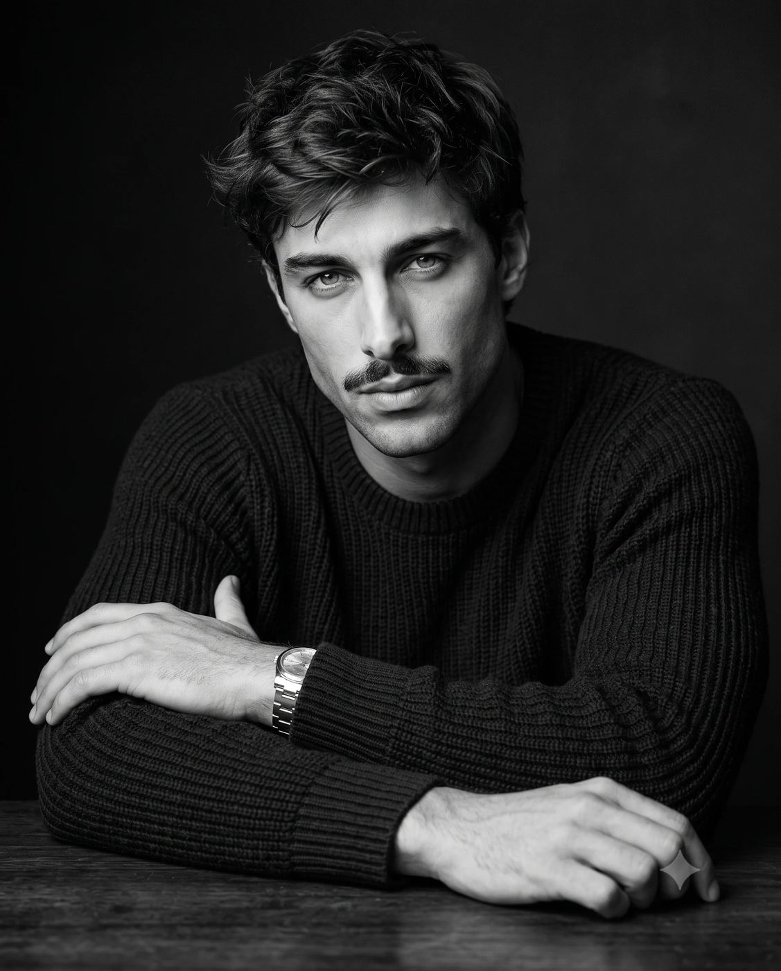 Black and White Male Portrait AI Photo Editing Prompt. AI generated studio portrait of a handsome man with a mustache and crossed arms wearing a ribbed sweater and wrist watch.