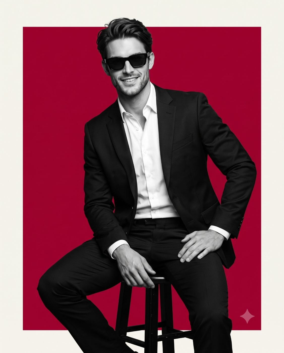 Stylish Man in Black Suit with Sunglasses AI Photo Editing Prompt. AI generated studio portrait of a smiling greyscale man wearing a black suit, white shirt, and sunglasses, seated confidently on a black stool against a red and cream background block.
