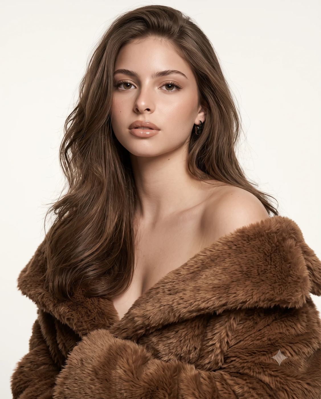 AI Photo Editing Prompt: Commercial photography style portrait of a beautiful woman with long flowing hair posing in a chic brown faux-fur coat.
