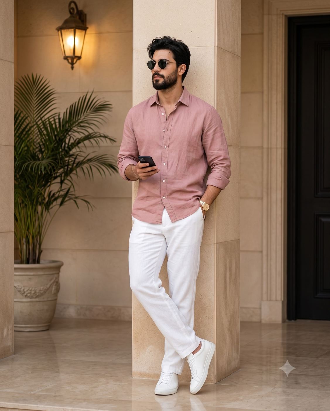 Stylish man in pink shirt fashion portrait AI Photo Editing Prompt. AI generated fashion portrait of a bearded man wearing a pink shirt, white trousers, and sunglasses leaning against a stone pillar while holding a smartphone.