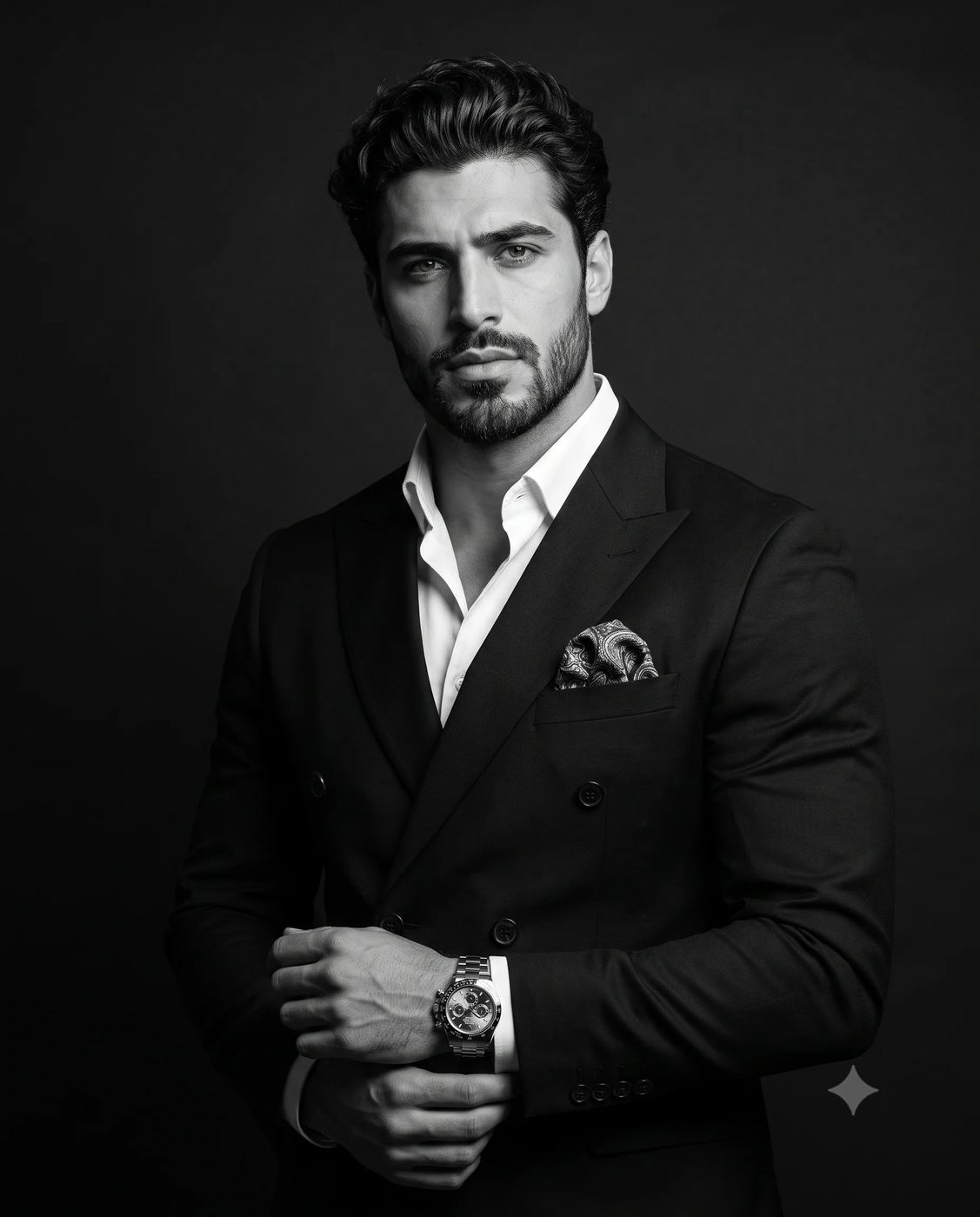 Editorial Monochrome Portrait AI Photo Editing Prompt. AI generated studio portrait of a bearded man wearing a black double-breasted suit, a white shirt, and adjusting a silver metal watch.